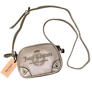 Juicy Couture Y2K Metallic Silver Faux Leather Namesake Mini Crossbody Bag